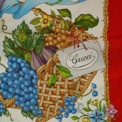 Gucci Vintage Rare Accornero Flower Butterflies Fruits Silk Scarf Red