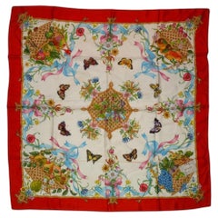 Gucci Vintage Rare Accornero Flower Butterflies Fruits Silk Scarf Red
