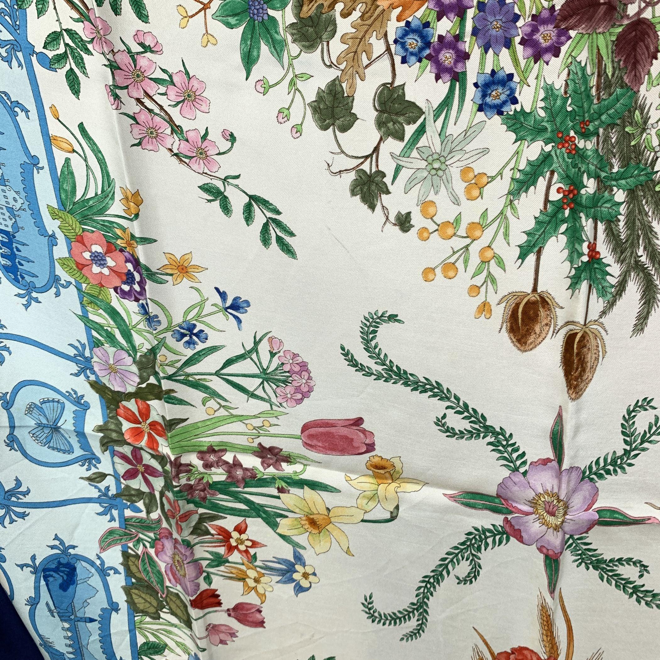 Gray Gucci Vintage Rare Floral Pattern Silk Scarf Accornero Blue Border