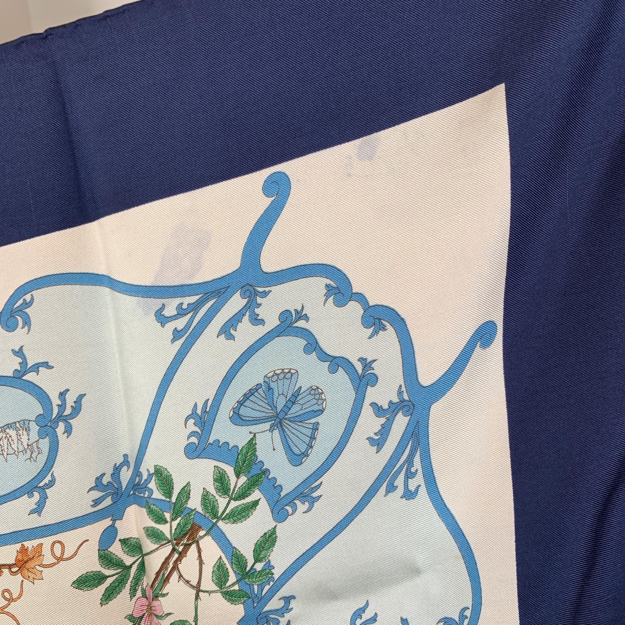 Gucci Vintage Rare Floral Pattern Silk Scarf Accornero Blue Border 1