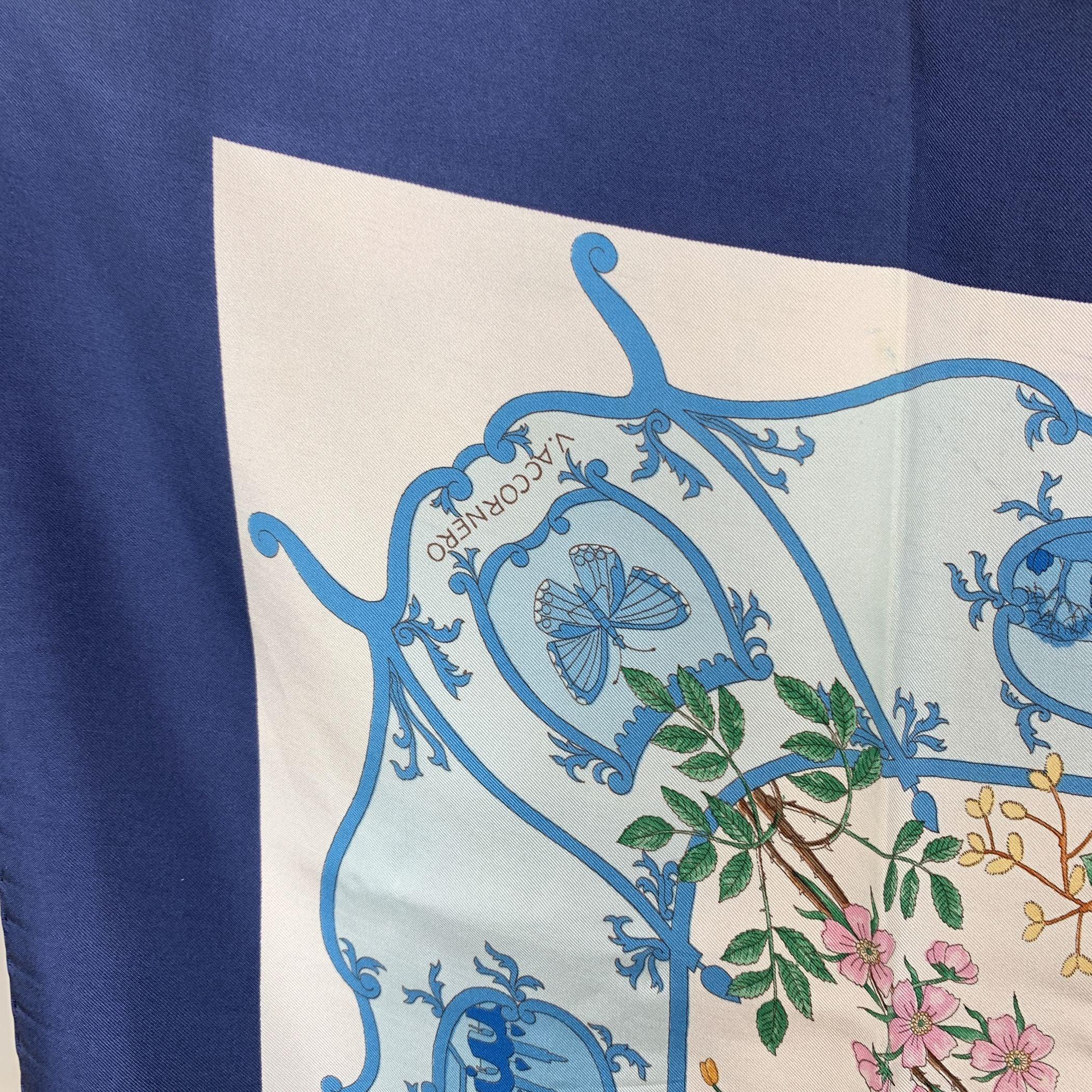 Gucci Vintage Rare Floral Pattern Silk Scarf Accornero Blue Border 2