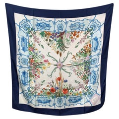 Gucci Vintage Rare Floral Pattern Silk Scarf Accornero Blue Border