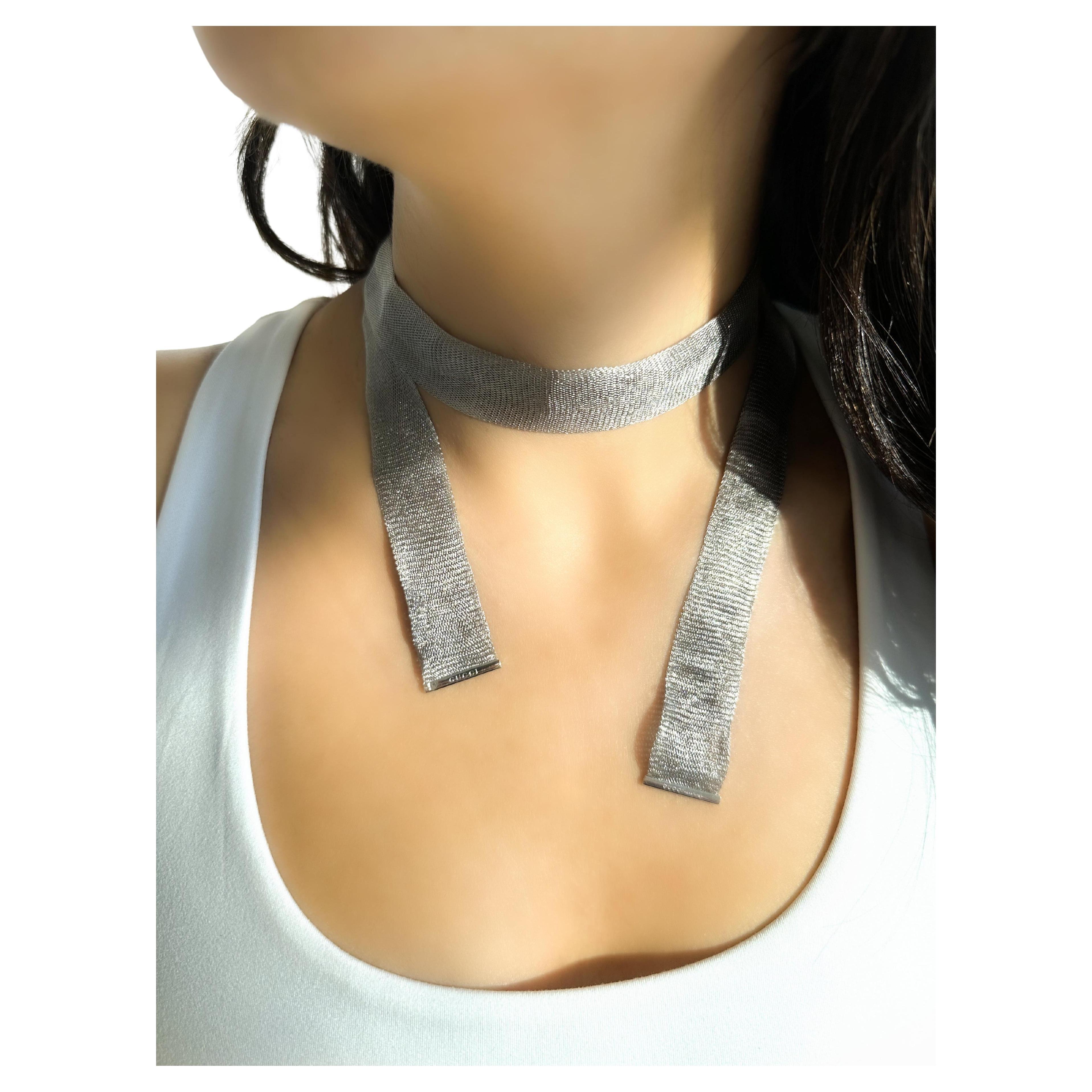 Gucci Vintage Rare White Gold Mesh Tie Necklace For Sale