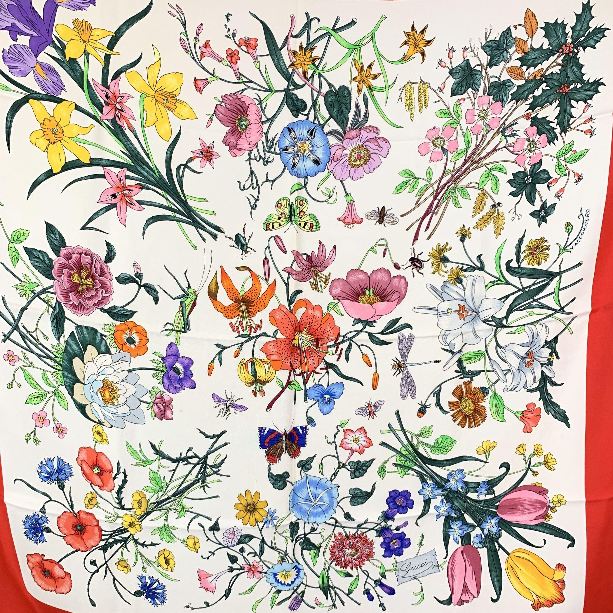 Discover the world of timeless elegance with this stunning vintage 'Flora' silk scarf, designed by the renowned artist Vittorio Accornero in 1966 for Gucci. Accornero, who served as the textile designer for Gucci from the 1960s to 1981, crafted this