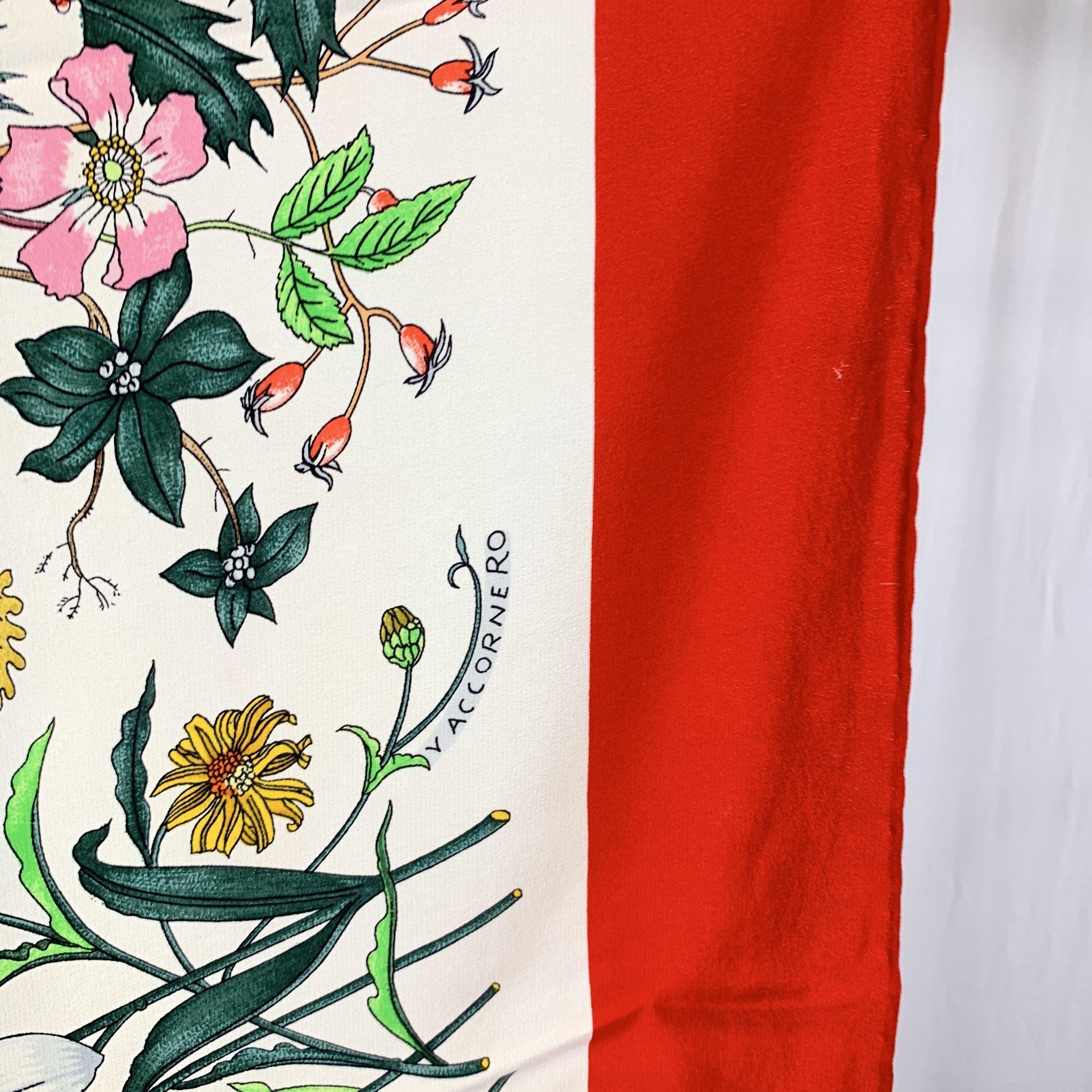 Beige Gucci Vintage Red Floral Silk Scarf Flora 1966 Accornero For Sale