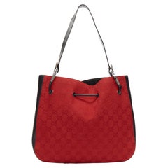 GUCCI Used red GG monogram canvas black leather drawstring bag