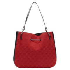 GUCCI Vintage red GG monogram canvas black leather drawstring bag