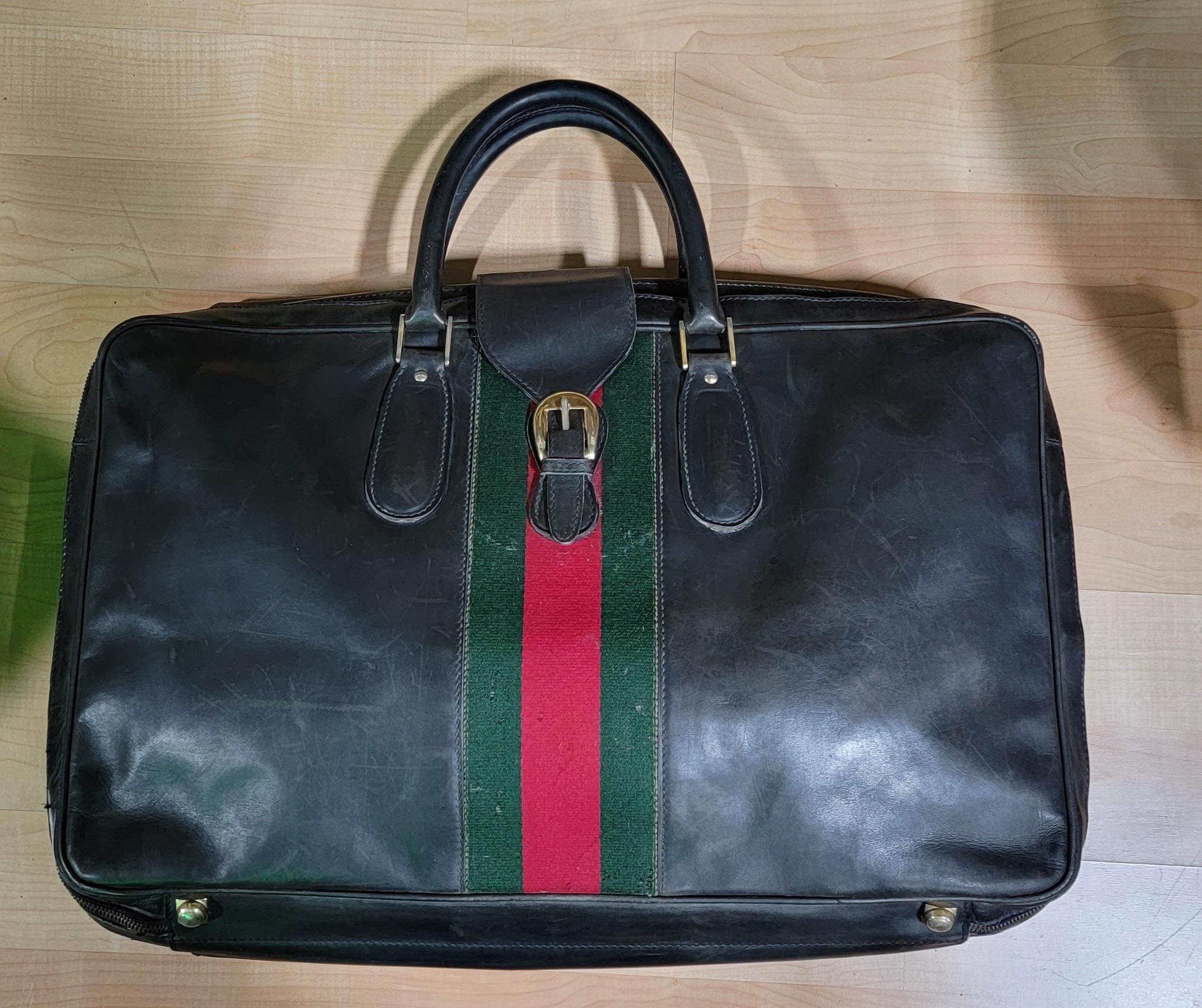 20th Century Gucci Vintage Red Green Ribbon Leather Suitcase