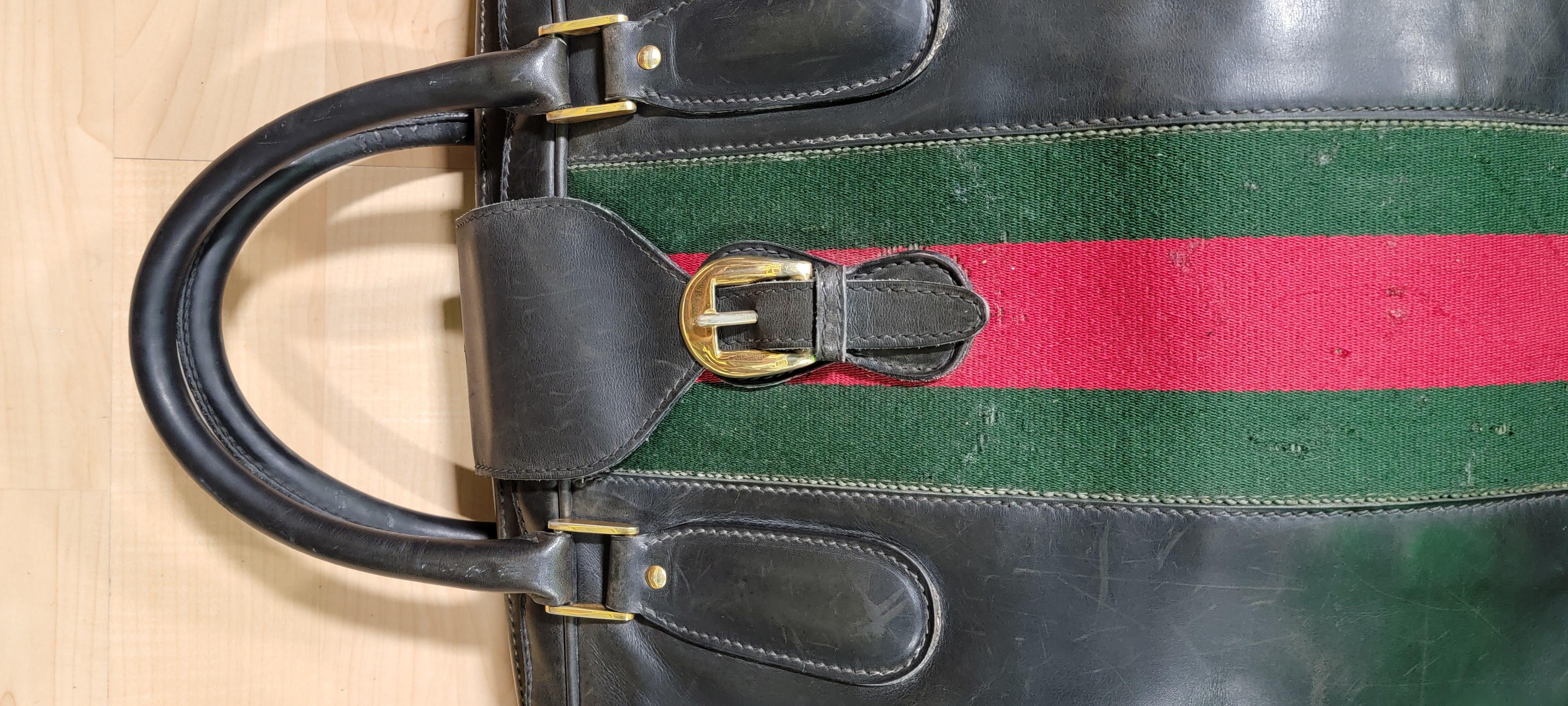 Brass Gucci Vintage Red Green Ribbon Leather Suitcase
