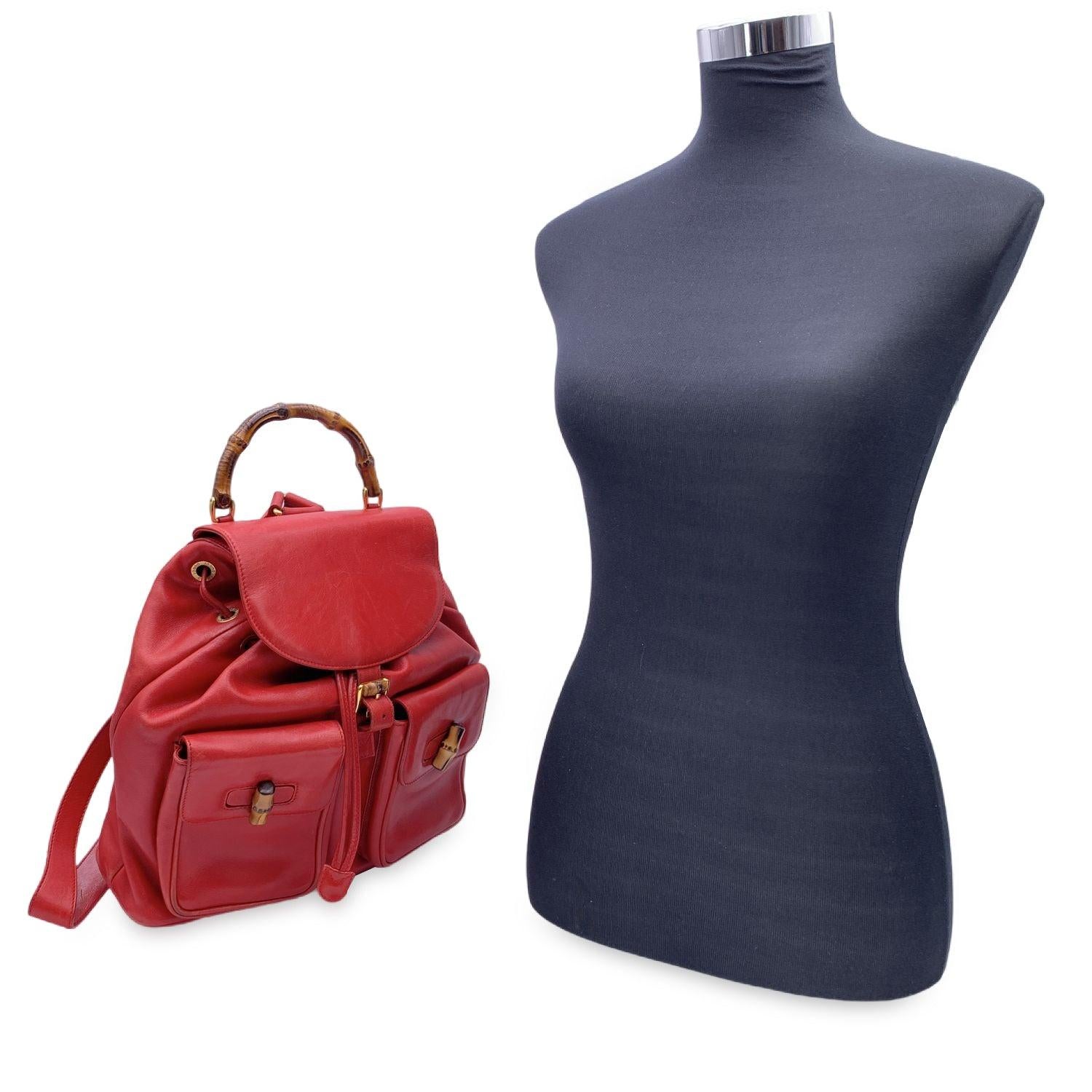Gucci Vintage Red Leather Bamboo Backpack Shoulder Bag 4