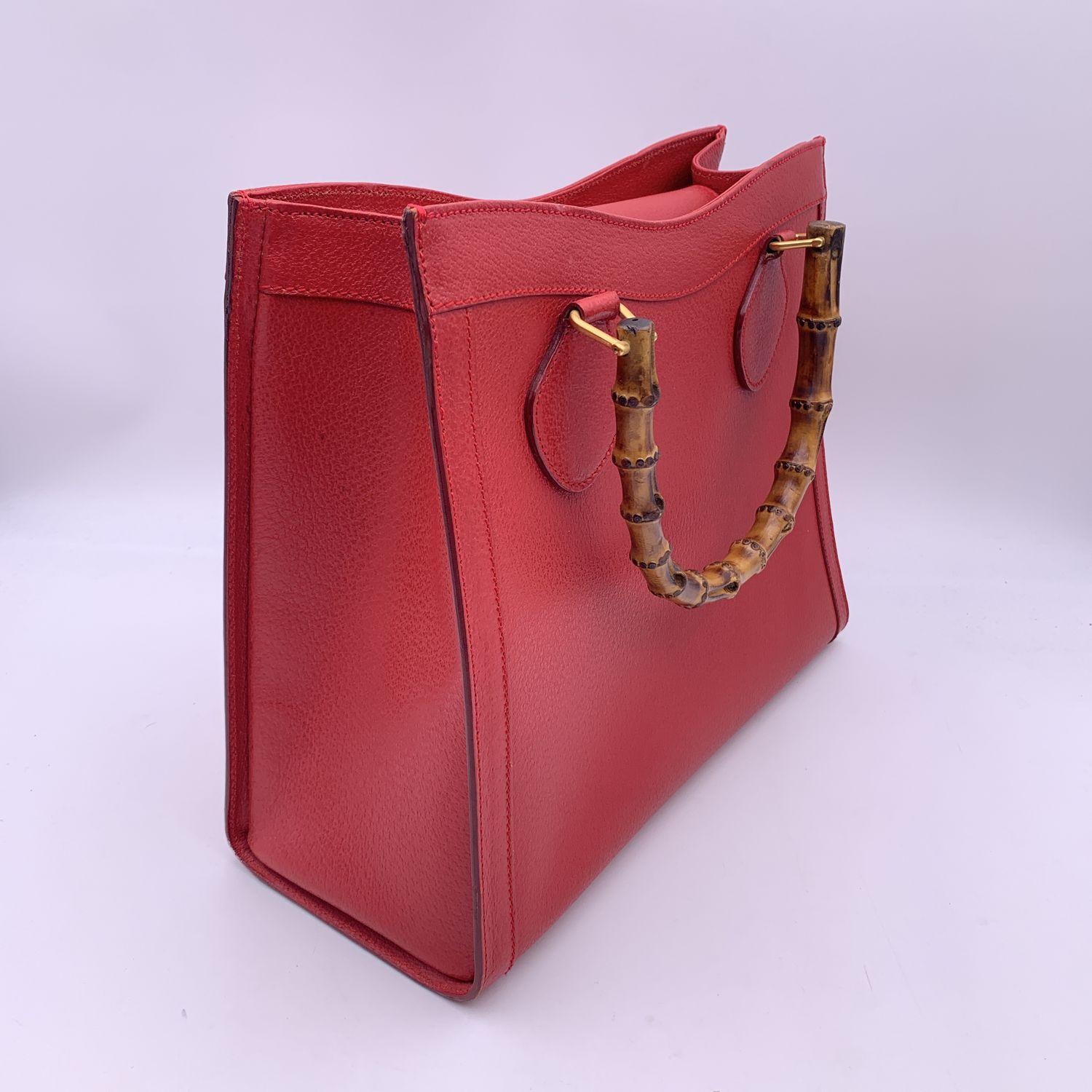 Gucci Vintage Red Leather Bamboo Princess Diana Tote Bag 3