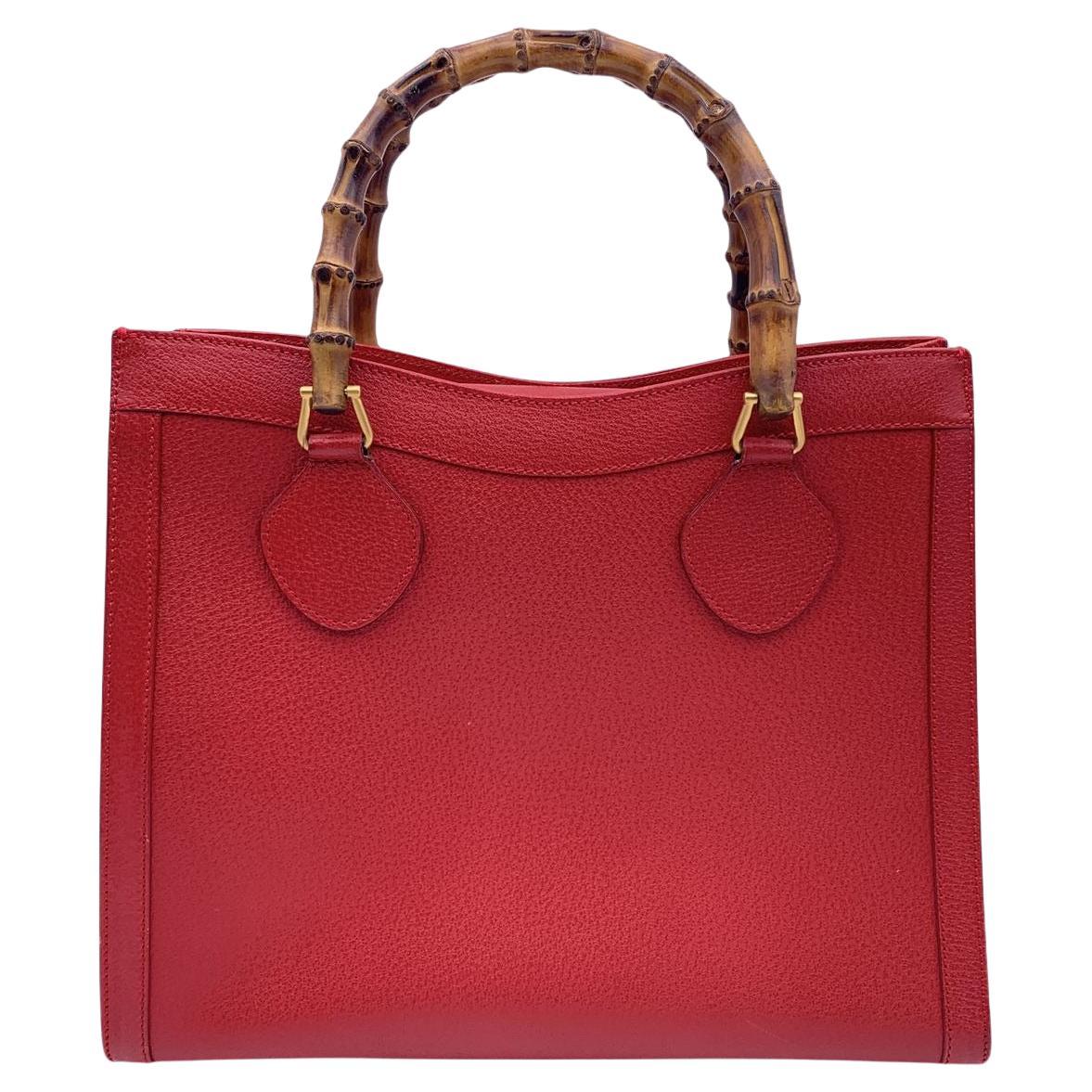 Gucci Vintage Red Leather Bamboo Princess Diana Tote Bag