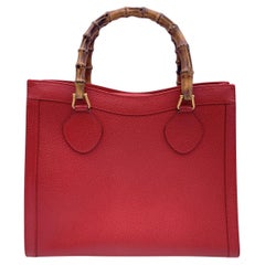 Gucci Retro Red Leather Bamboo Princess Diana Tote Bag