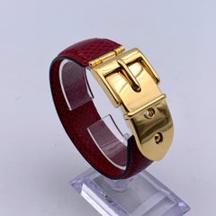 Gucci Vintage Red Leather Bangle Cuff Belt Bracelet Gold Buckle