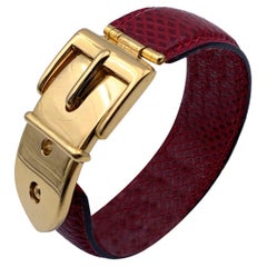 Gucci Vintage Red Leather Bangle Cuff Belt Bracelet Gold Buckle