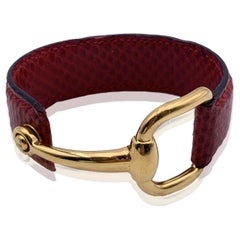 Gucci Vintage Red Leather Bangle Cuff Belt Bracelet Gold Horsebit