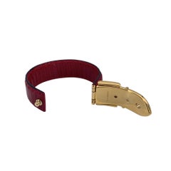 Gucci Vintage Red Leather Belt Bangle Cuff Bracelet Gold Buckle