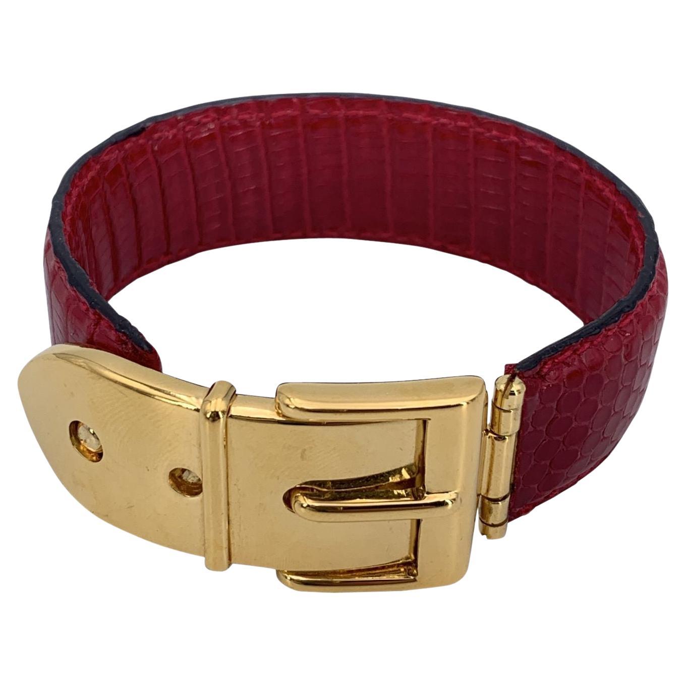 Gucci Vintage Red Leather Belt Bangle Cuff Bracelet Gold Buckle