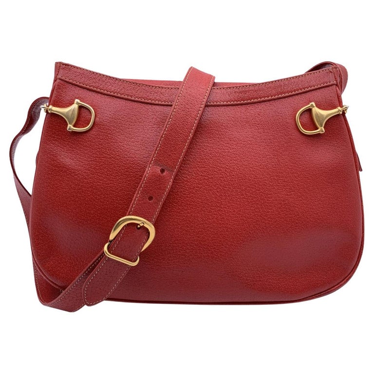 Gucci Vintage Red Leather Horsebit Crossbody Messenger Bag For Sale at