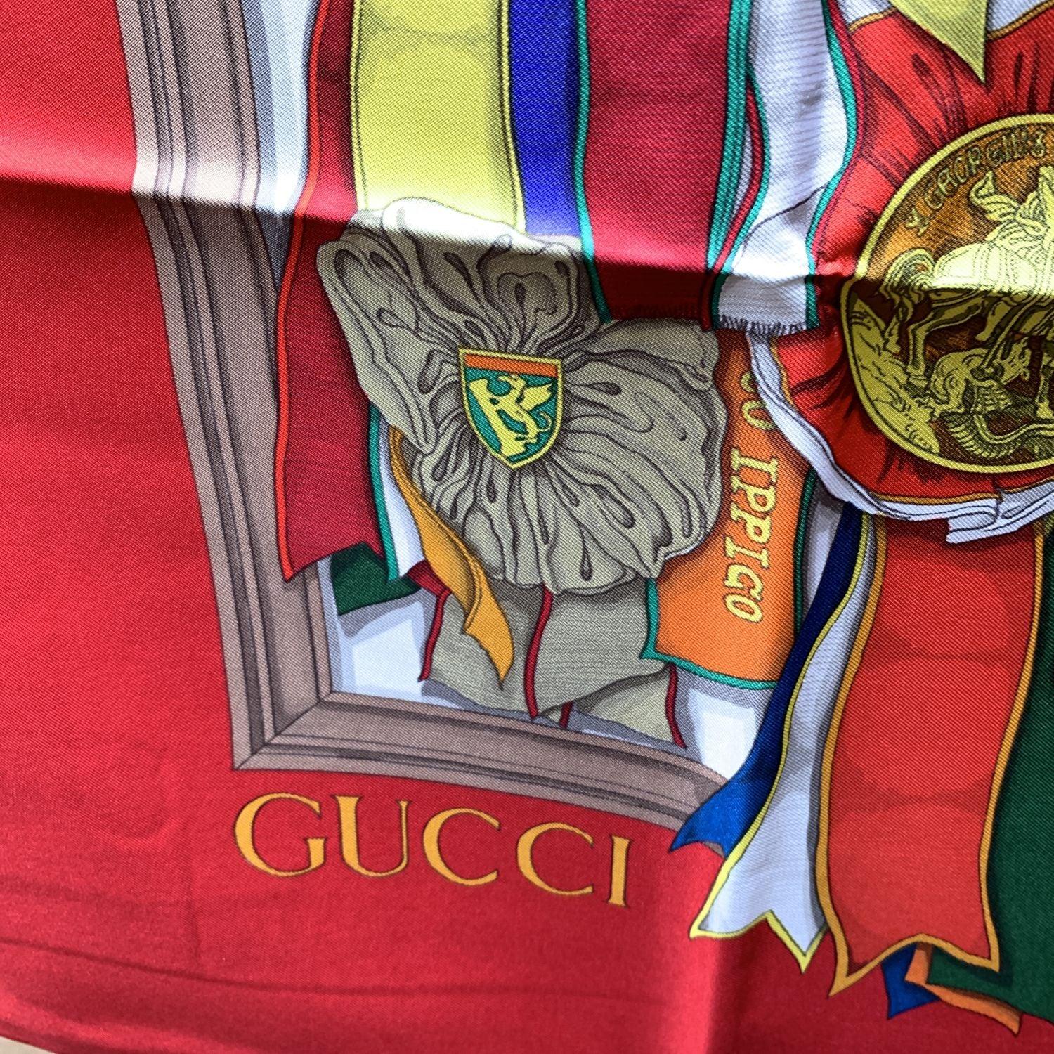 Gucci Vintage Red Silk Horse Ribbon Equestrian Scarf In Good Condition For Sale In Rome, Rome