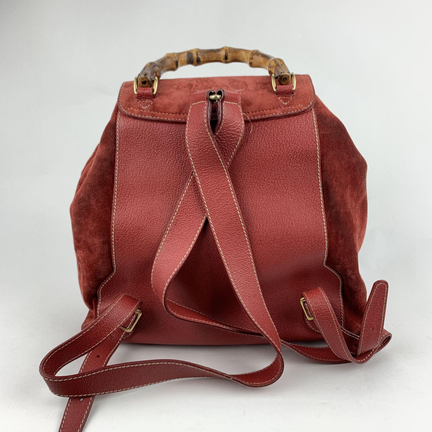 Brown Gucci Vintage Red Suede and Leather Bamboo Backpack Shoulder Bag