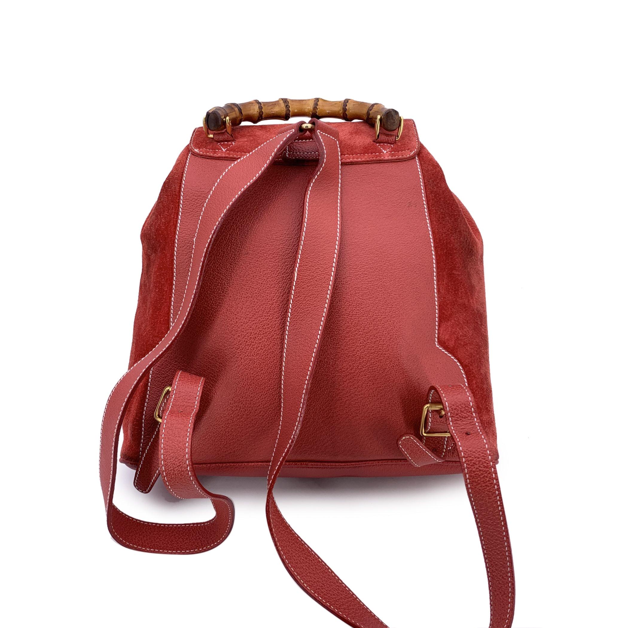 Brown Gucci Vintage Red Suede and Leather Bamboo Backpack Shoulder Bag For Sale