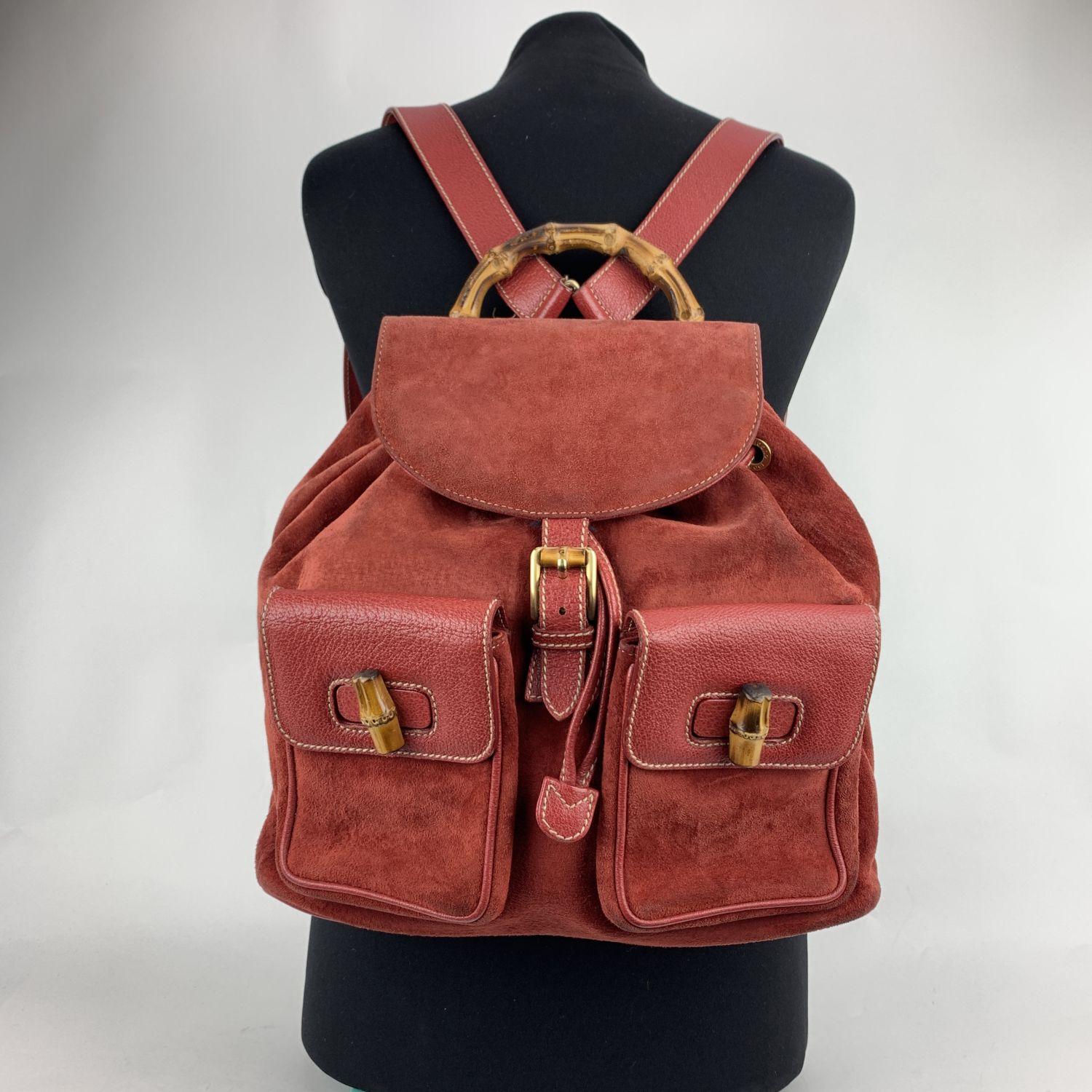 Gucci Vintage Red Suede and Leather Bamboo Backpack Shoulder Bag 4