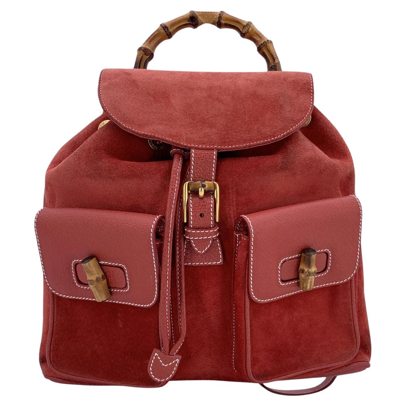 Gucci Vintage Red Suede and Leather Bamboo Backpack Shoulder Bag For Sale