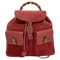 Gucci Vintage Red Suede and Leather Bamboo Backpack Shoulder Bag