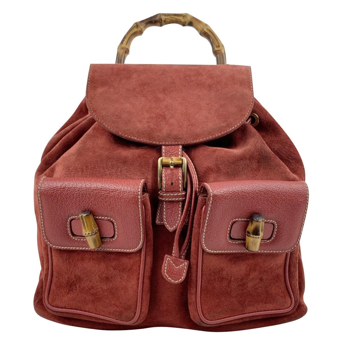 Gucci Vintage Red Suede and Leather Bamboo Backpack Shoulder Bag