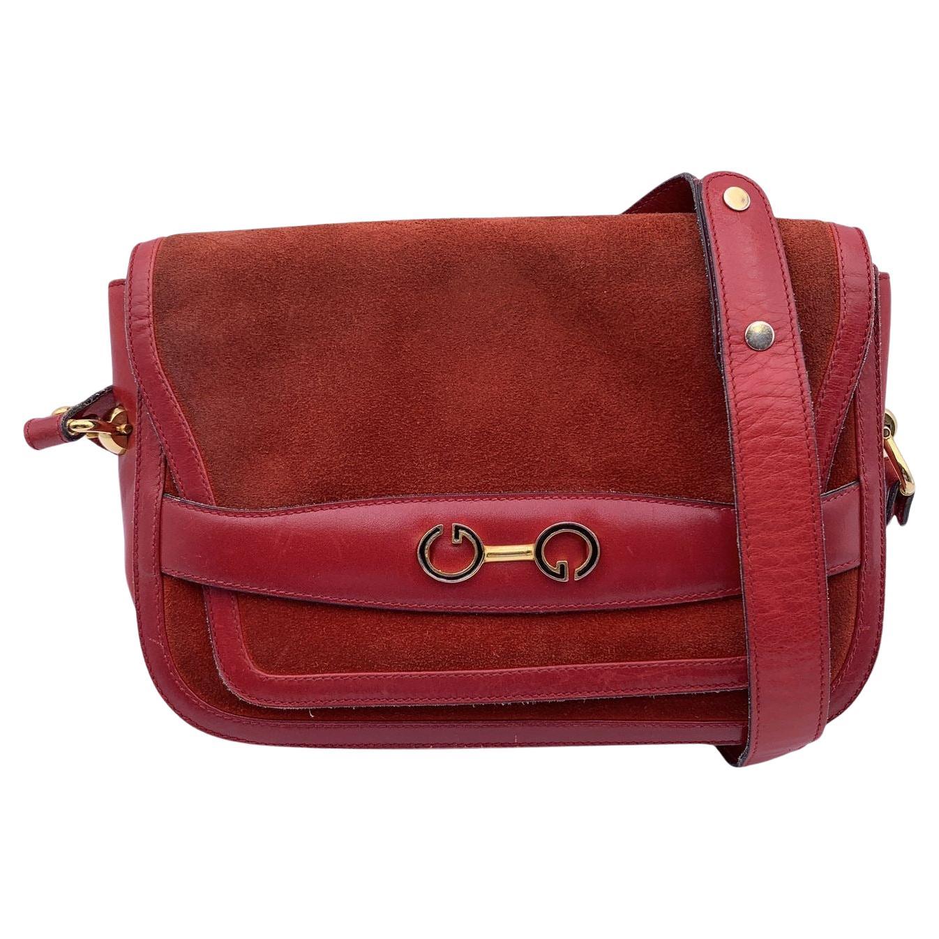 Gucci Vintage Red Suede and Leather Flap Shoulder Bag For Sale