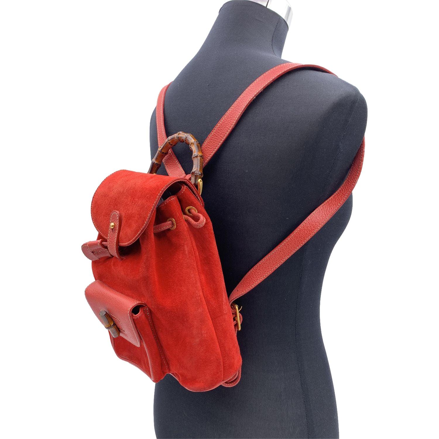 Gucci Vintage Red Suede Bamboo Small Backpack Shoulder Bag In Good Condition For Sale In Rome, Rome