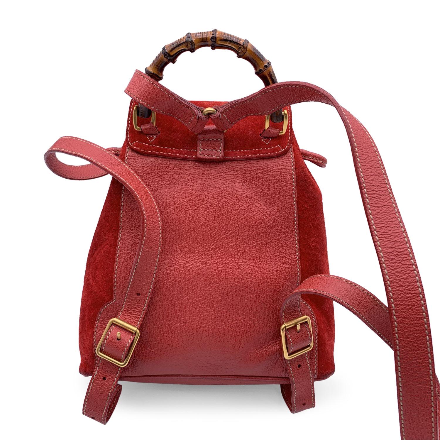 Women's Gucci Vintage Red Suede Bamboo Small Backpack Shoulder Bag For Sale