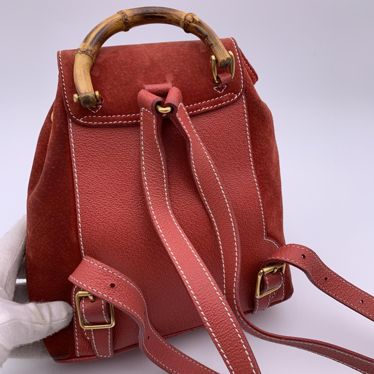 Women's Gucci Vintage Red Suede Bamboo Small Backpack Shoulder Bag