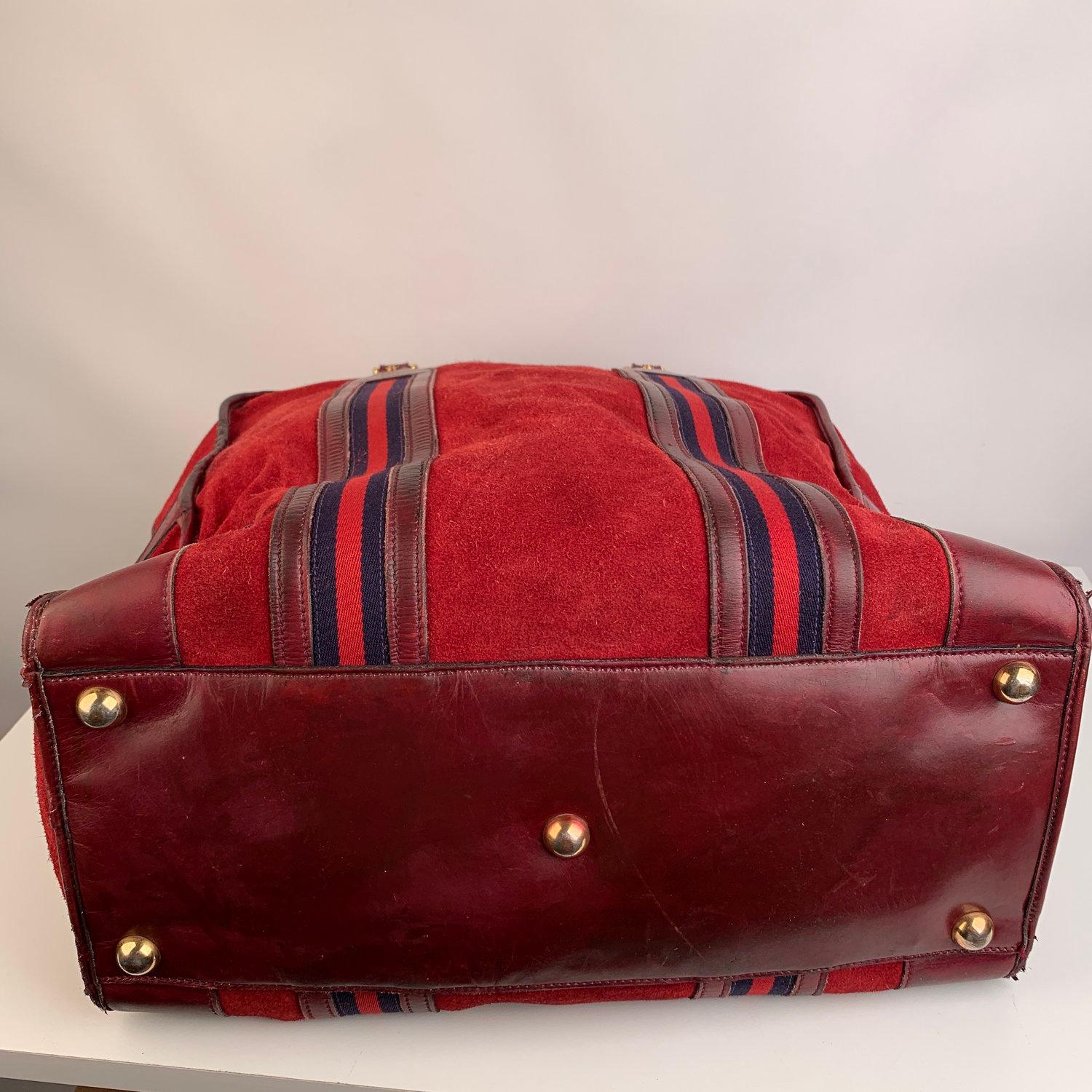 Gucci Vintage Red Suede Weekender Travel Bag with Stripes 1