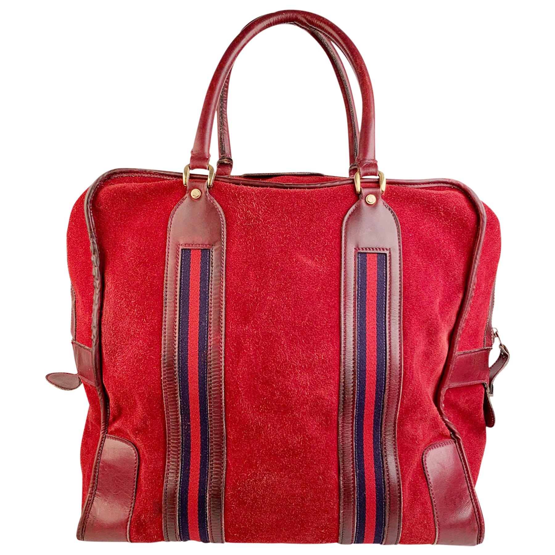 Gucci Vintage Red Suede Weekender Travel Bag with Stripes