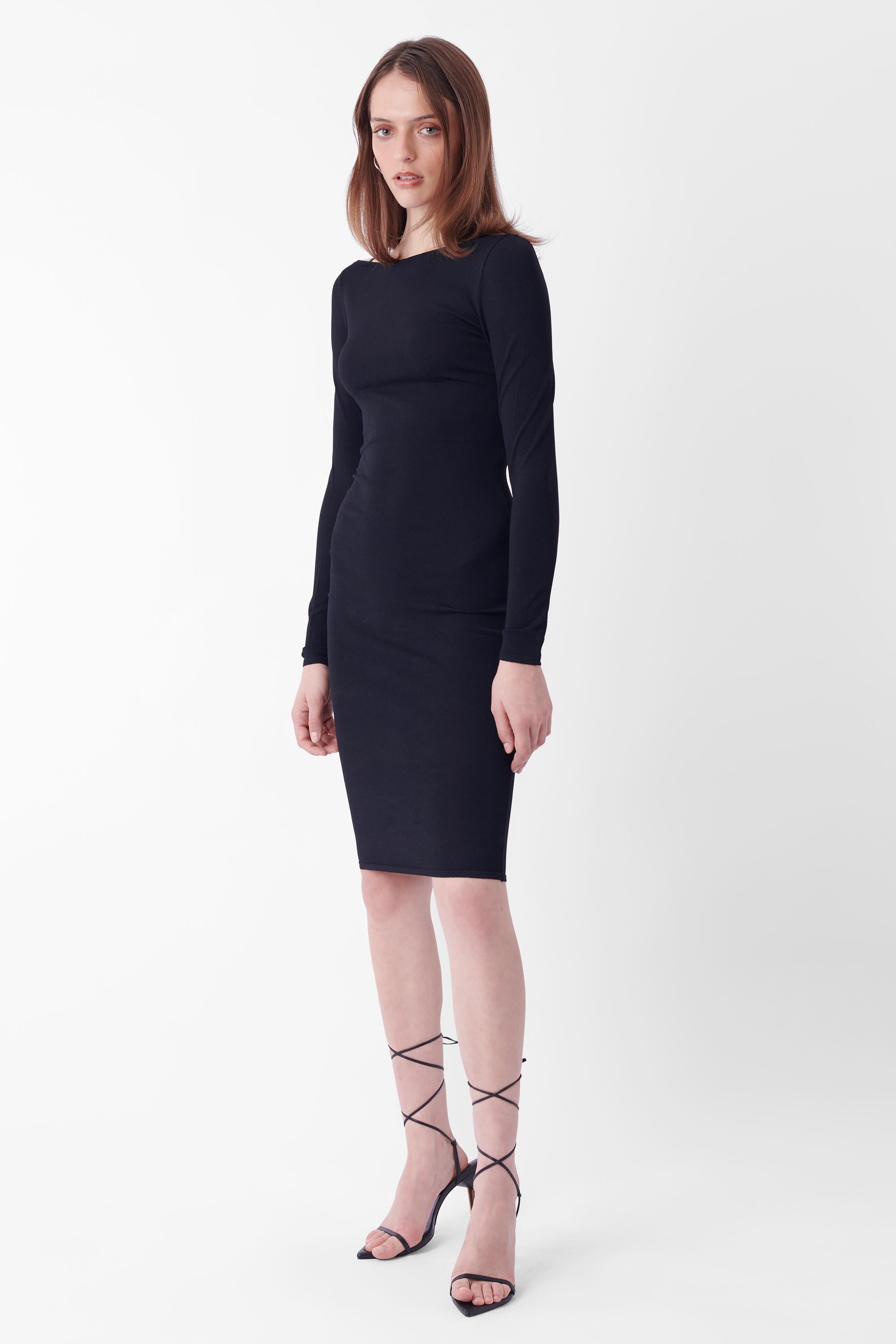 Women's or Men's Gucci Vintage S/S 1998 Runway Leather Strap Black Long Sleeve Dress For Sale