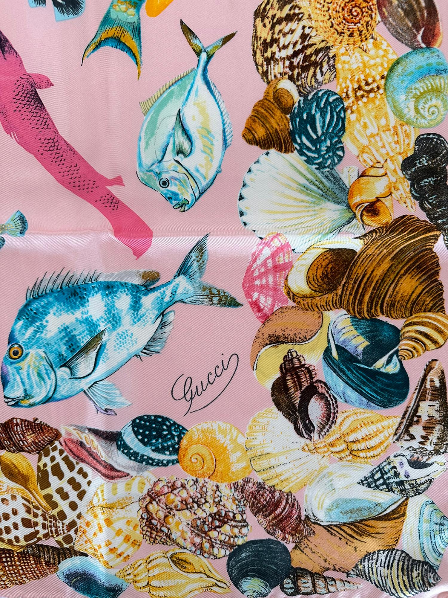 Gucci Vintage Sea Shells & Tropical Fish Silk Twill Scarf approximately 35
