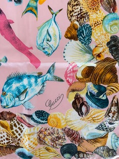 Gucci Vintage Sea Shells & Tropical Fish Silk Twill Scarf 35" 35"