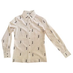 Gucci Vintage Shirt Blouse Light Beige Golf Embroidery Circa 1970s NWT