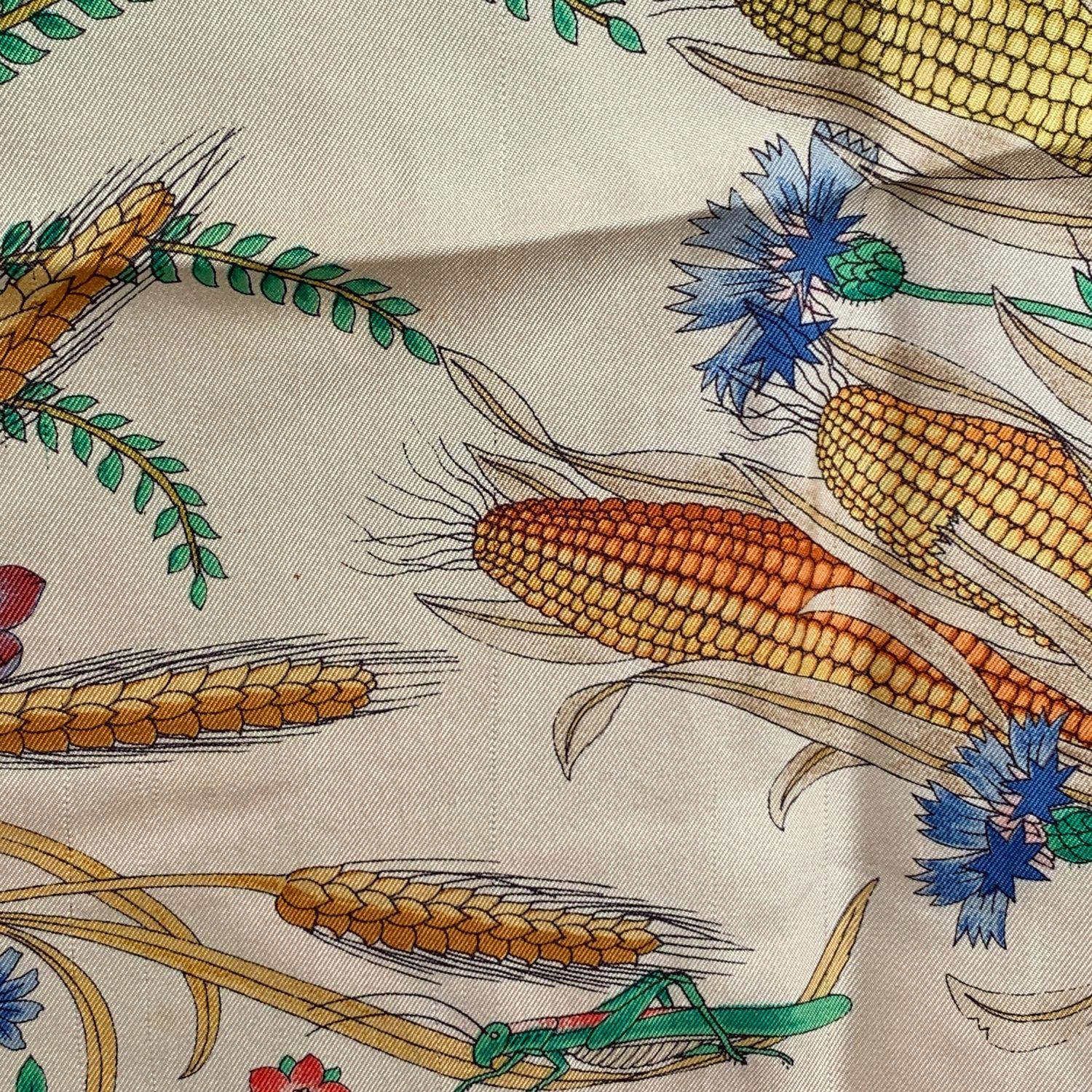 Beige Gucci Vintage Silk Scarf Accornero Fall Harvest Corncob and Wheat