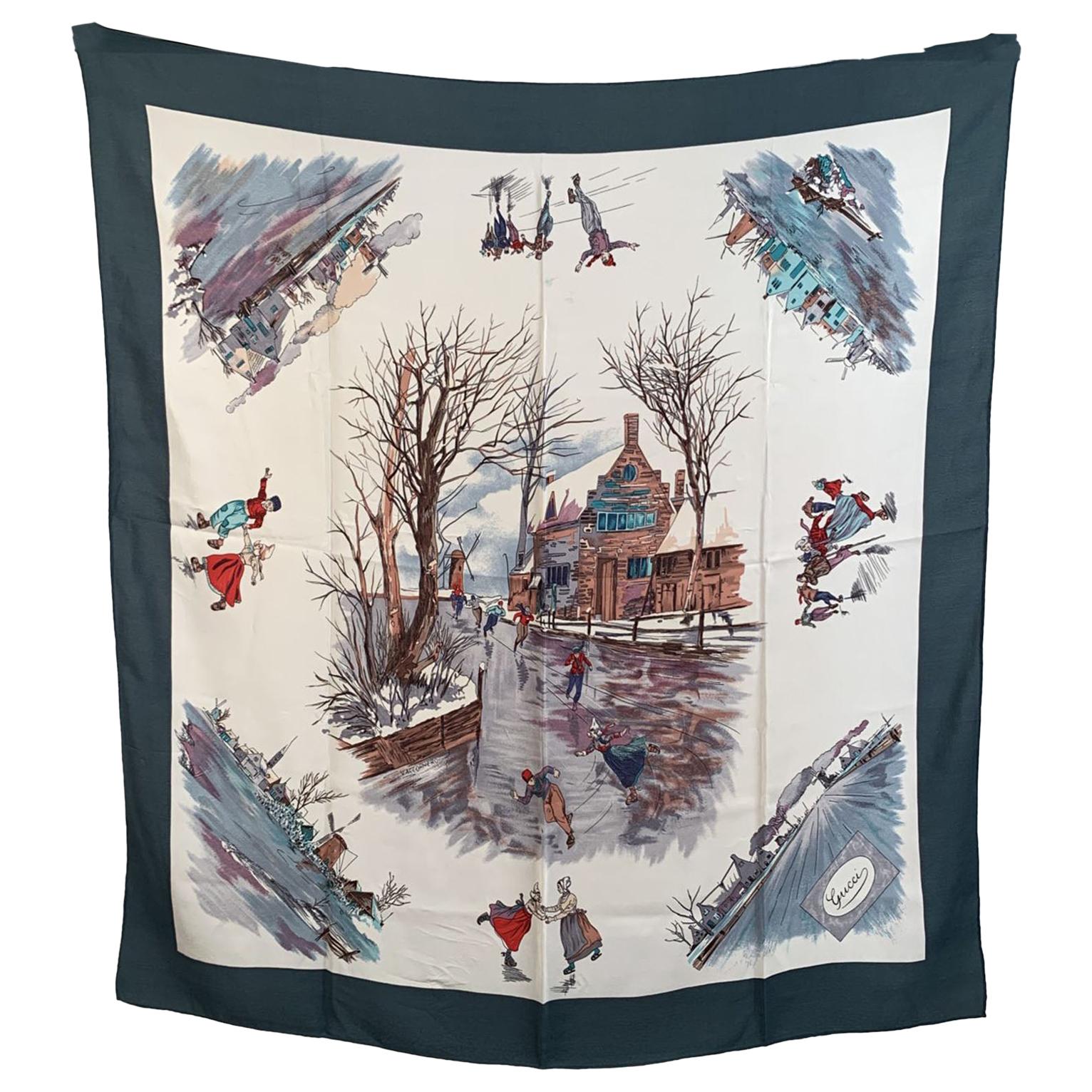 Gucci Vintage Silk Scarf Accornero Winter Skating People