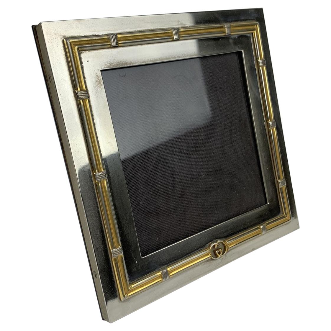Gucci Vintage Silver and Gold Metal Square Desk Photo Frame