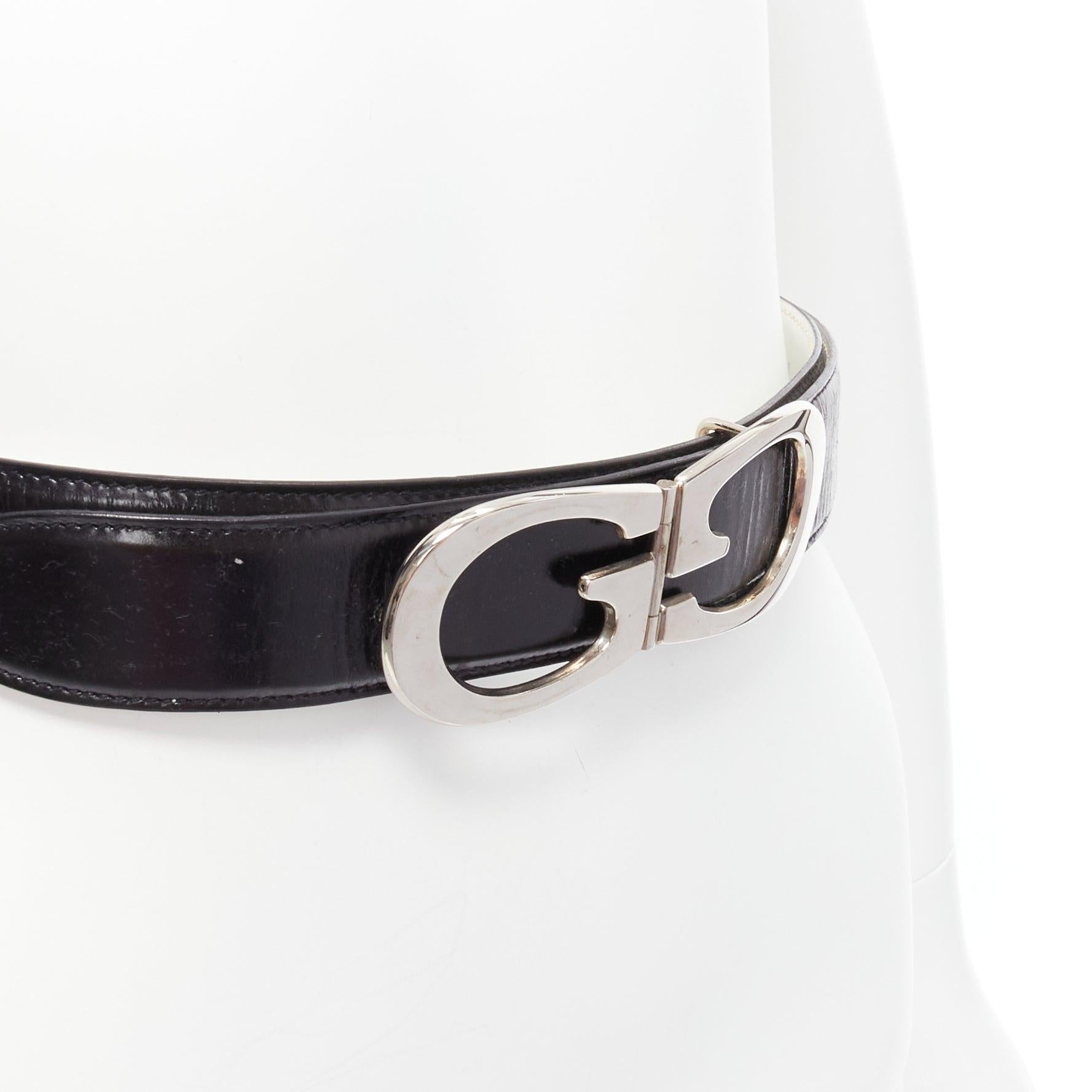 GUCCI Vintage silver GG logo buckle black smooth leather belt 30