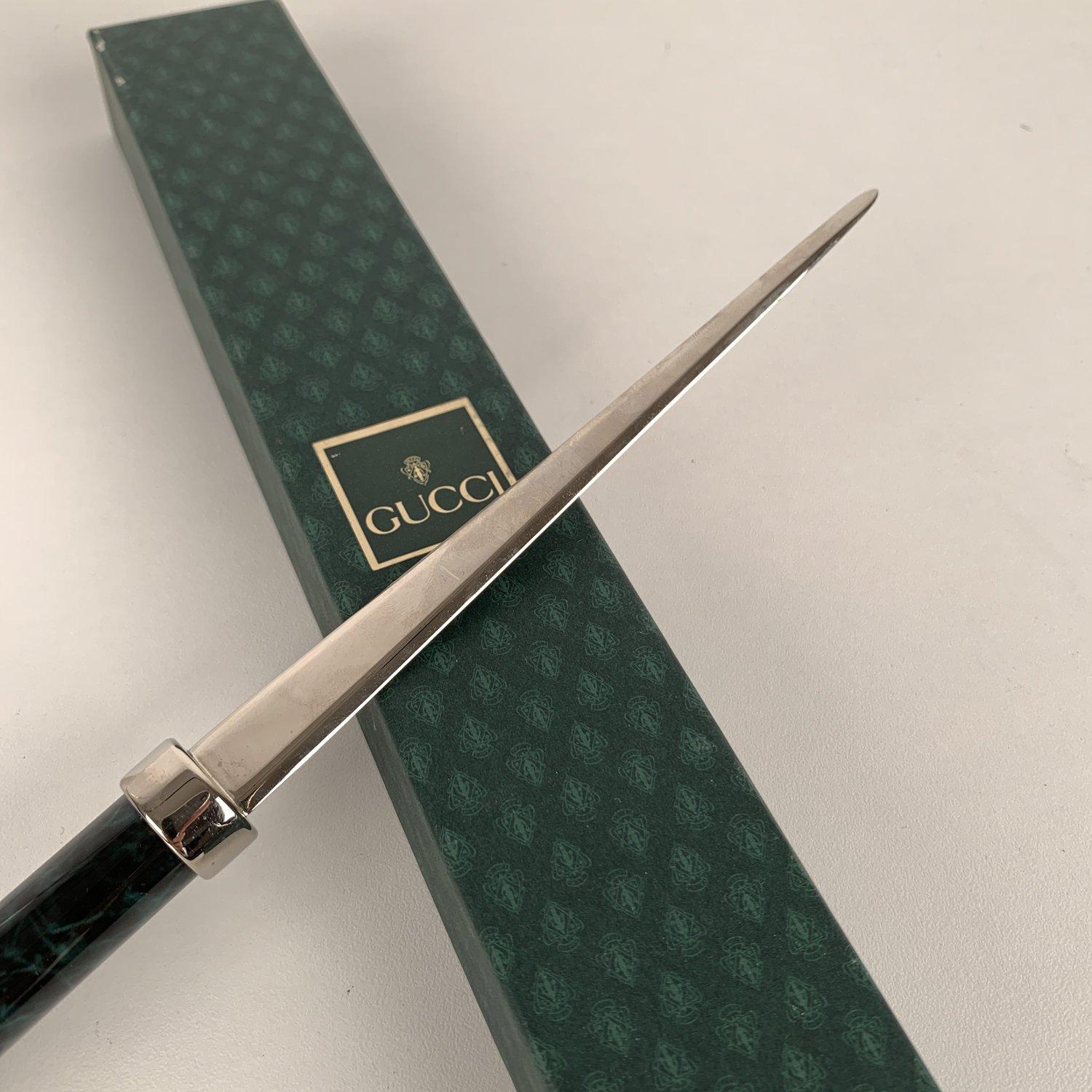 Black Gucci Vintage Silver Metal Letter Opener Green Marbled Handle with Box