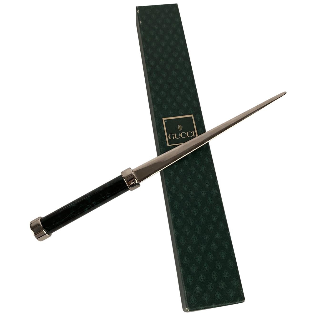 Gucci Vintage Silver Metal Letter Opener Green Marbled Handle with Box