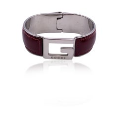 Gucci Vintage Silver Metal Red Patent Leather G Logo Bangle Bracelet