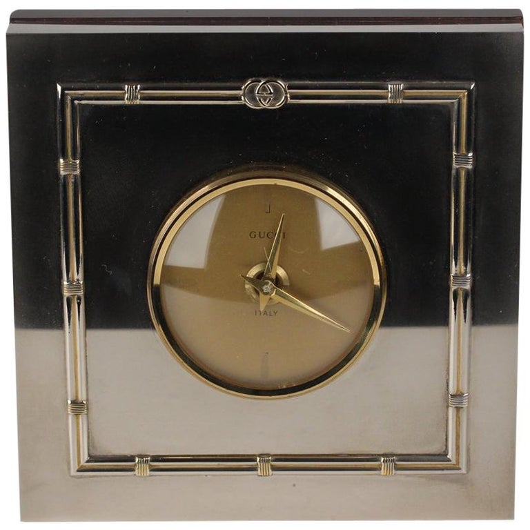 Gucci Vintage Silver Metal Square Desk Table Clock Rare For Sale at