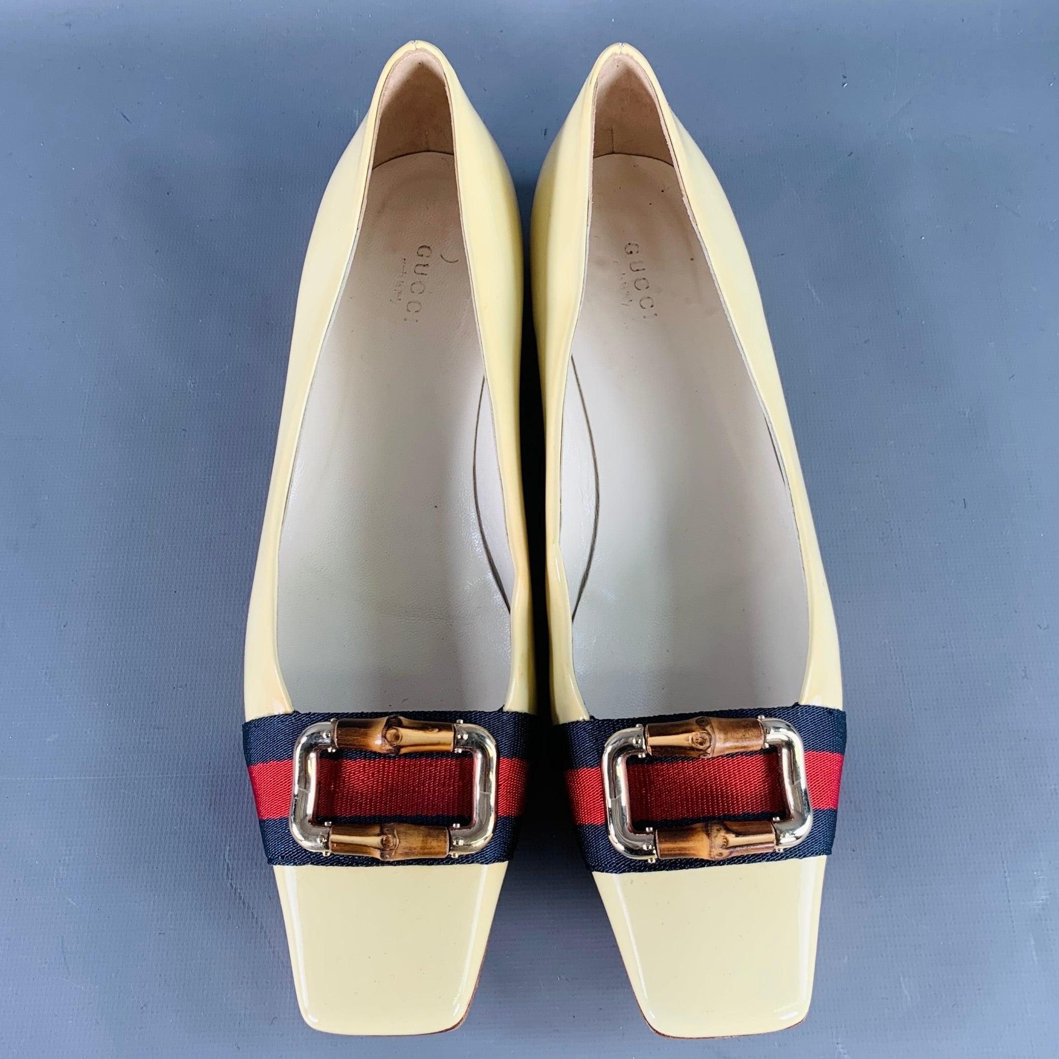 Women's GUCCI Vintage Size 10 Vernice Beige Red Blue Patent Leather Web Bamboo Buckle Flats For Sale
