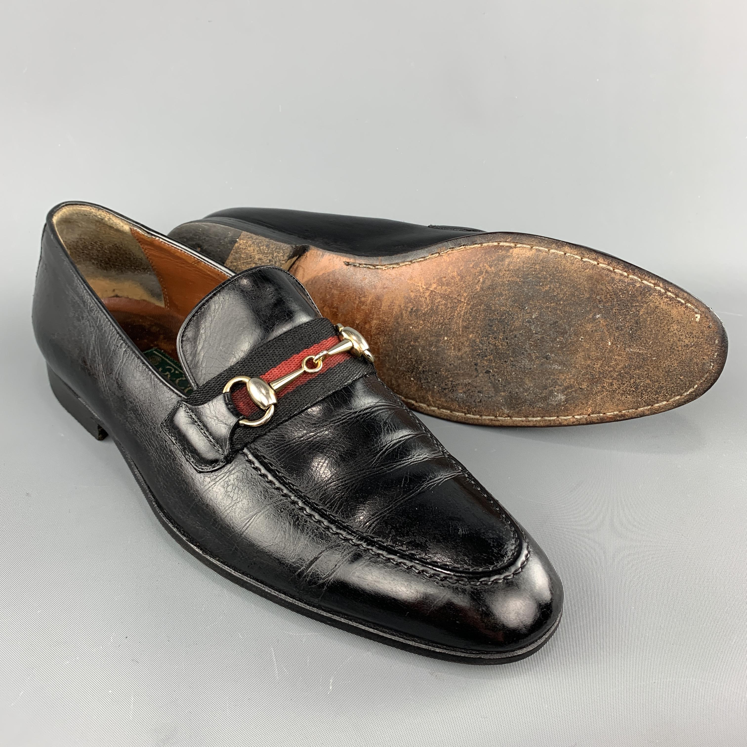 GUCCI Vintage Größe 10::5 schwarzes Leder gestreiftes Gurtband Horsebit Loafer (Schwarz)